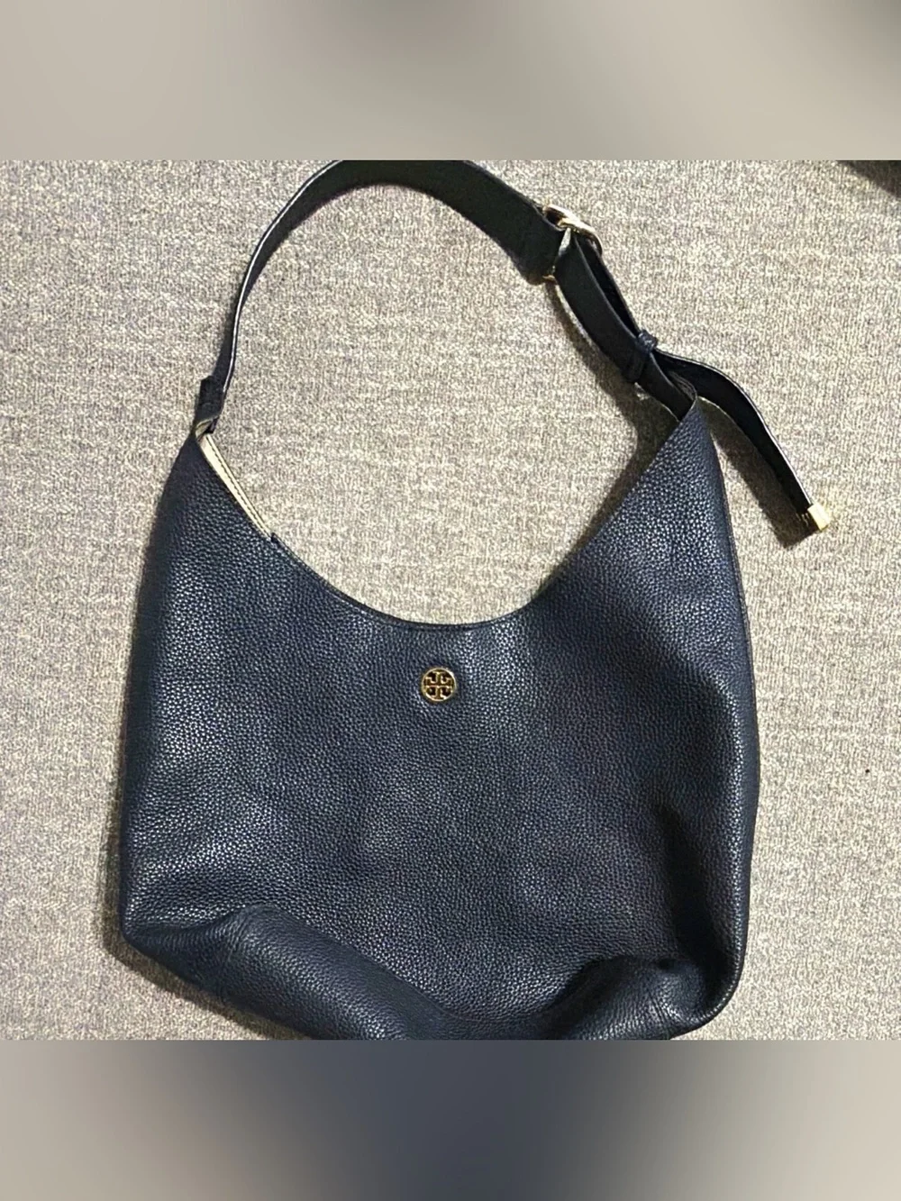 Tory Burch Black Pebbled Leather Shoulder Hobo with Gold Logo
